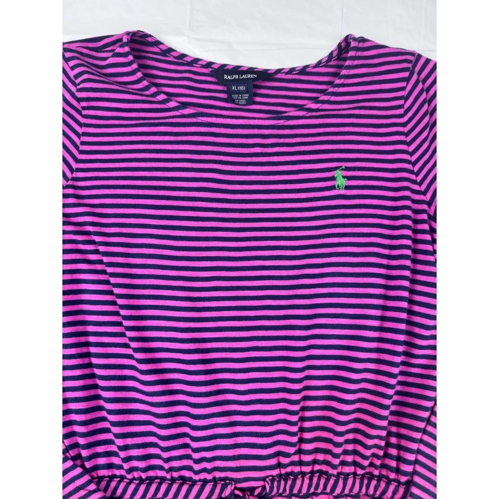 Ralph Lauren Girls XL 16 Pink Navy Striped Long Sleeve Cotton Jersey Dress Pony